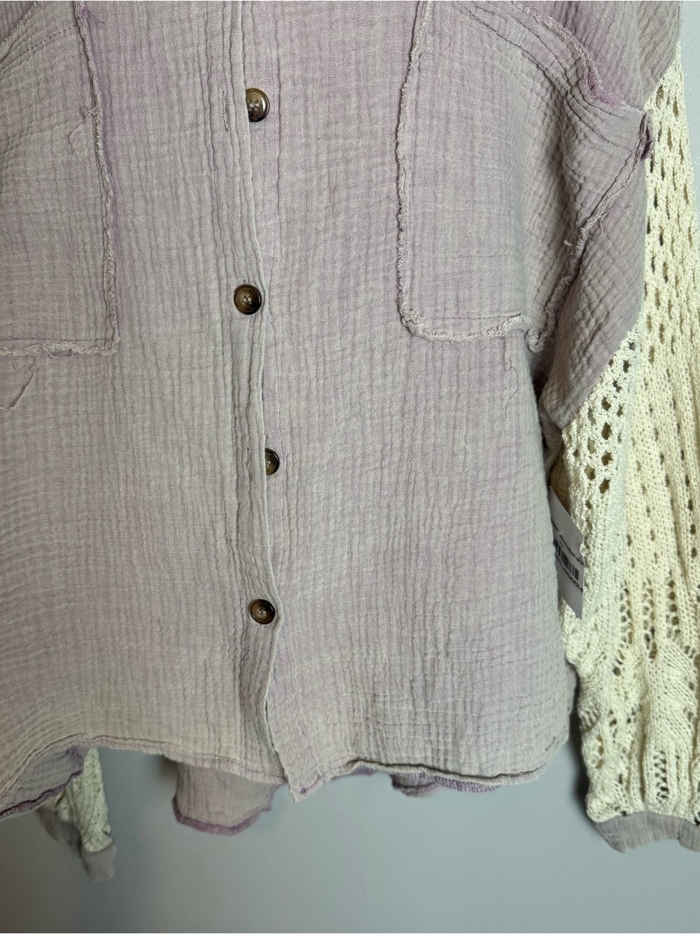 NWT POL Crochet Lantern Drop Sleeve Gauze Distressed Shacket Size Medium - Picture 8 of 13